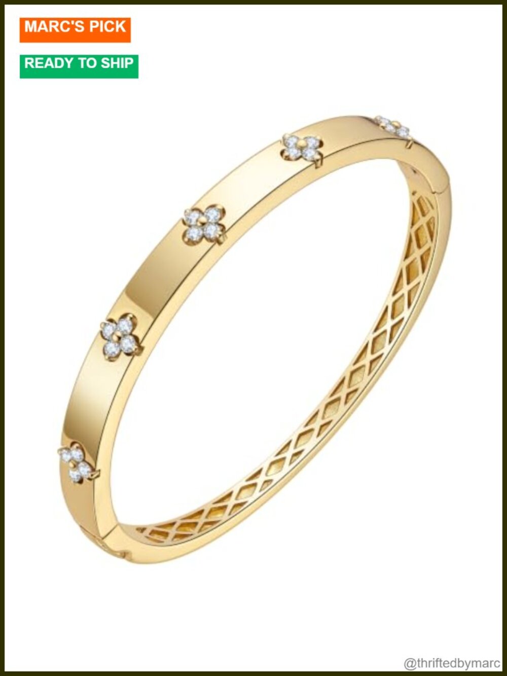 14K Gold Plated Cuff Bracelet Women Clover Moissanite Bangle